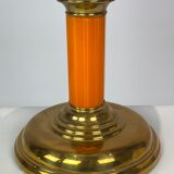 Kerosene lamp of brass with white opaline glass shade and orange glass stem, 1860s