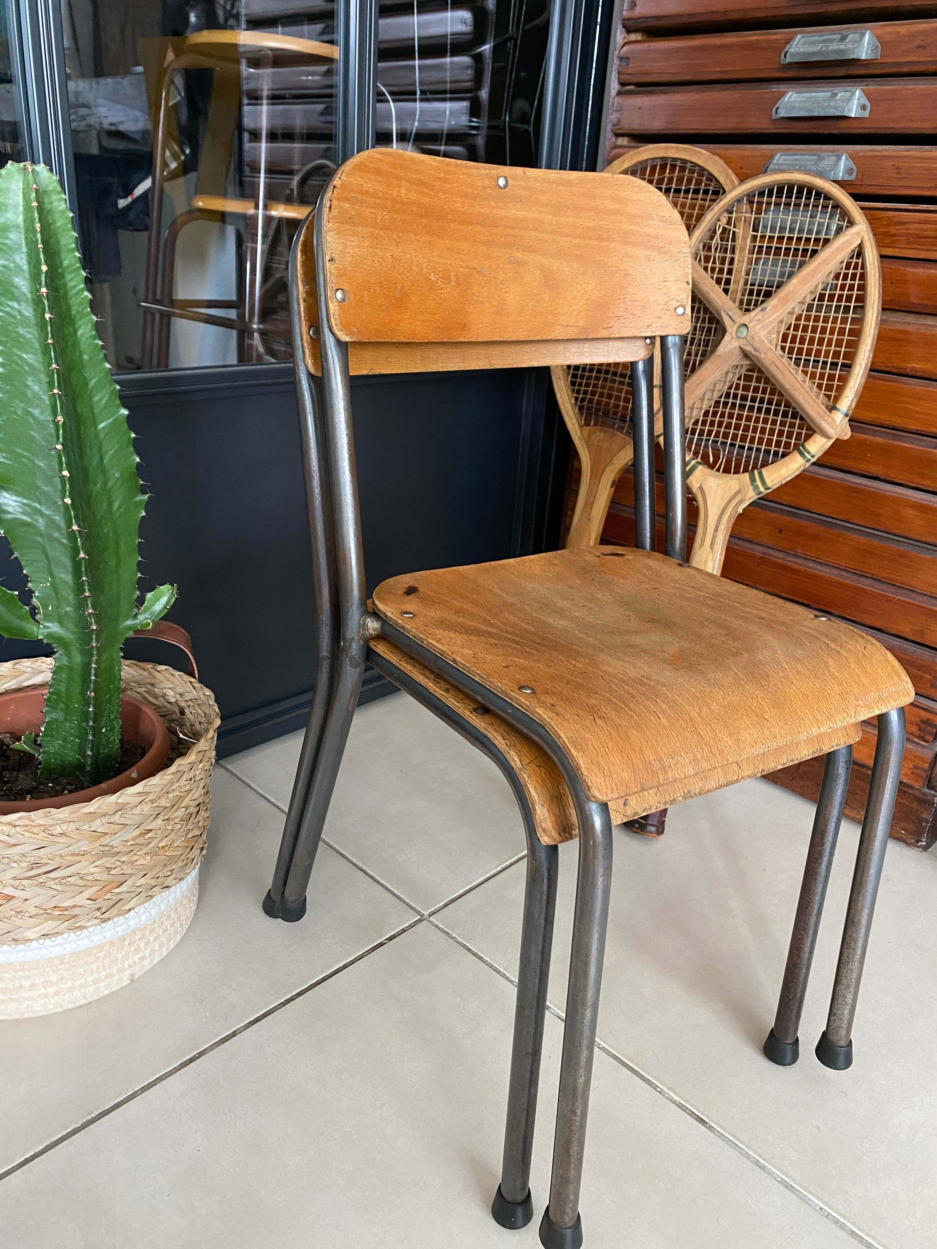 Pair of wooden and metal children's chairs