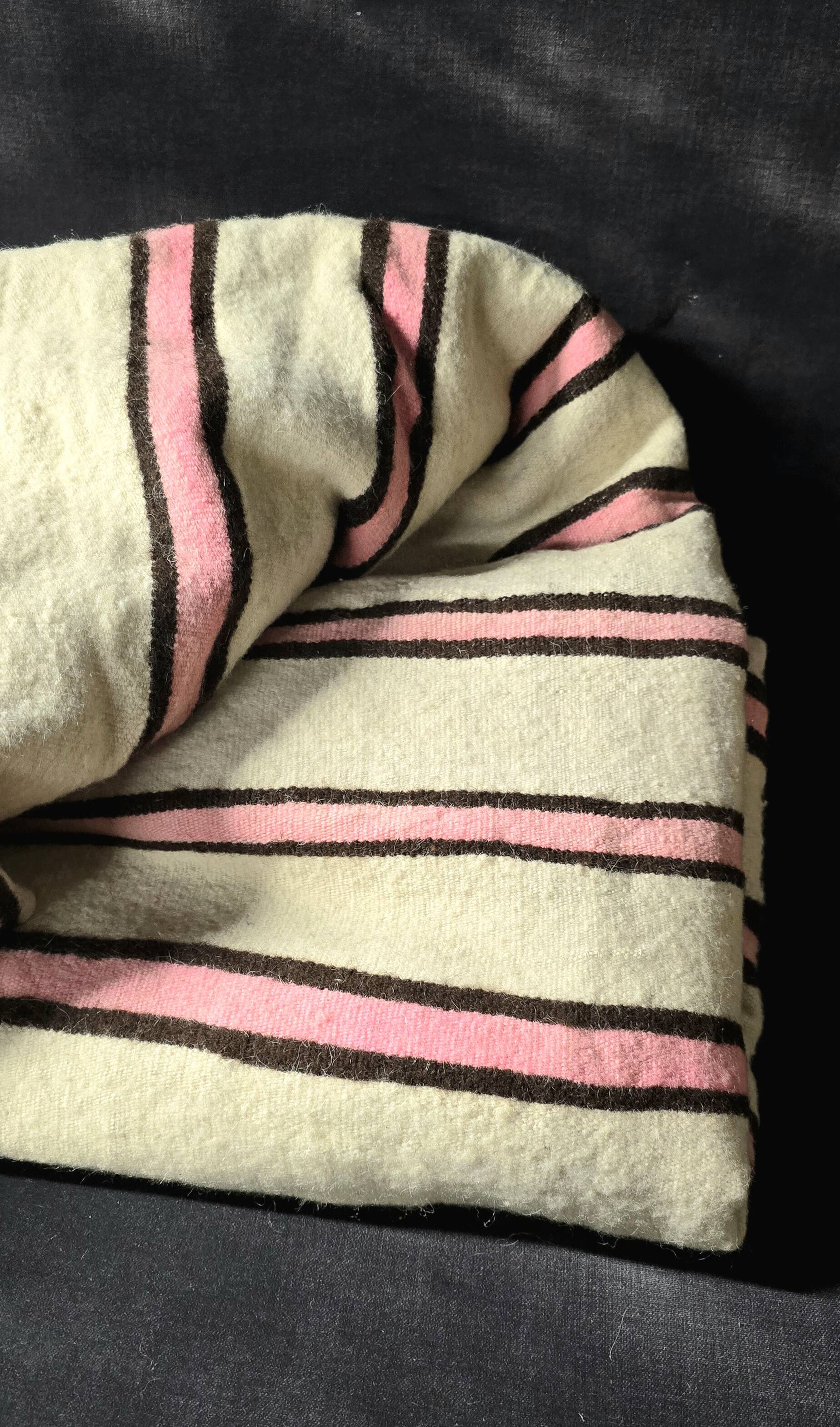 Vintage Berber blanket in neon pink, black and cream striped wool
