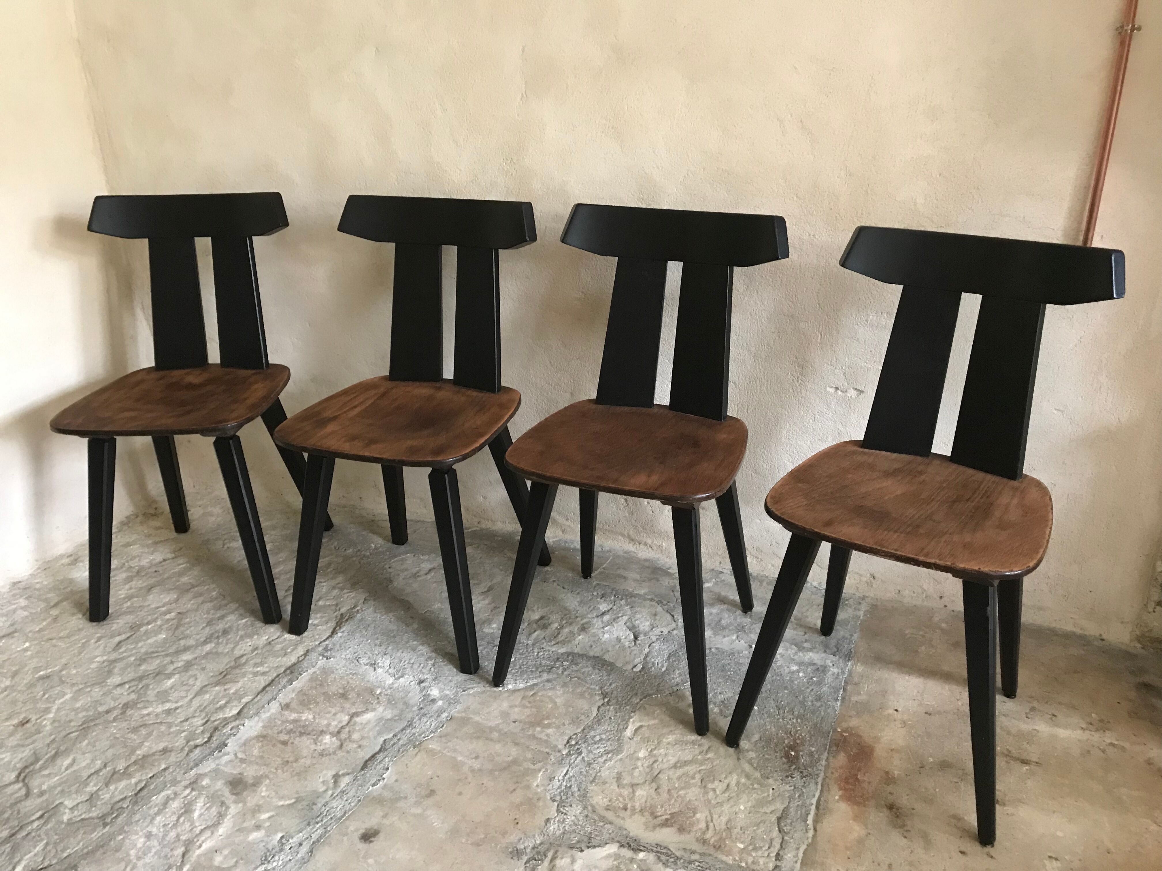 Set of 4 vintage brutalist chairs in beech 1960's