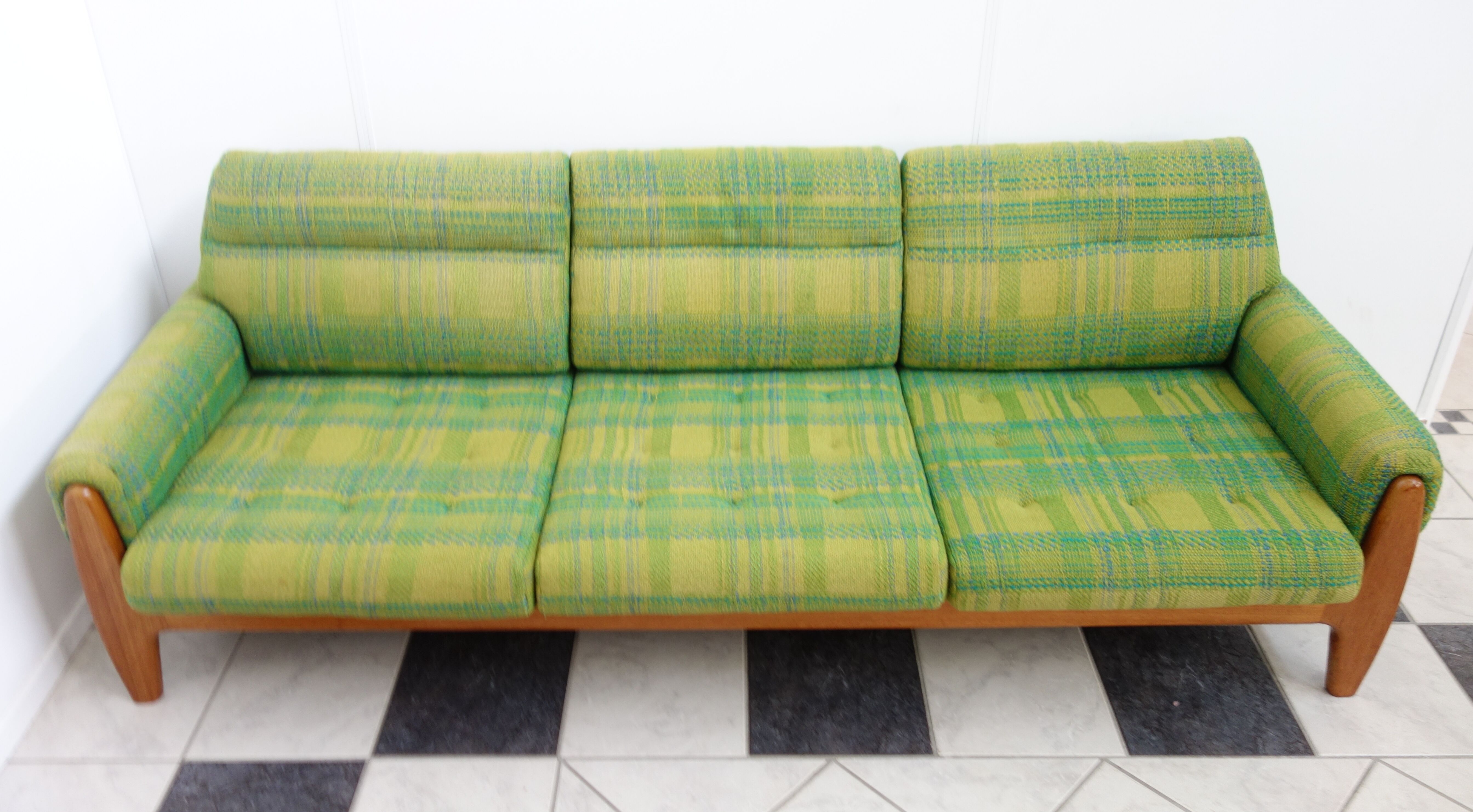 Green three seat sofa Teak frame