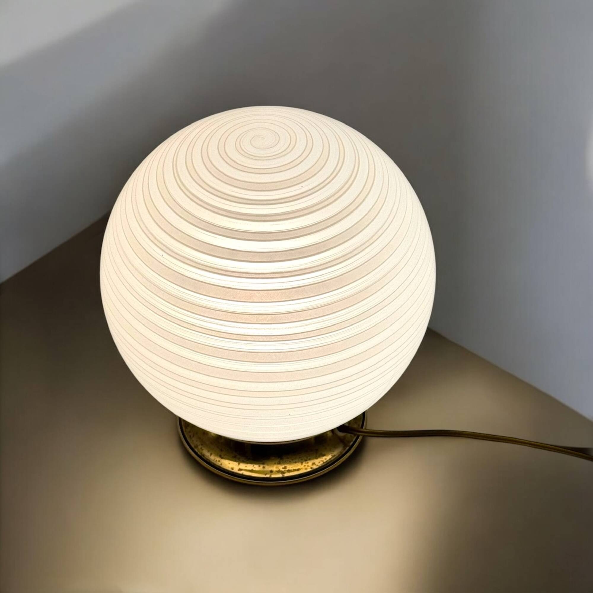 Vintage 70s Italian Table Lamp with Swirl Glass Globe and Brass Base