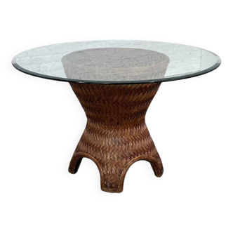 Round Woven Rattan and Beveled Glass Dining Table, 1970s