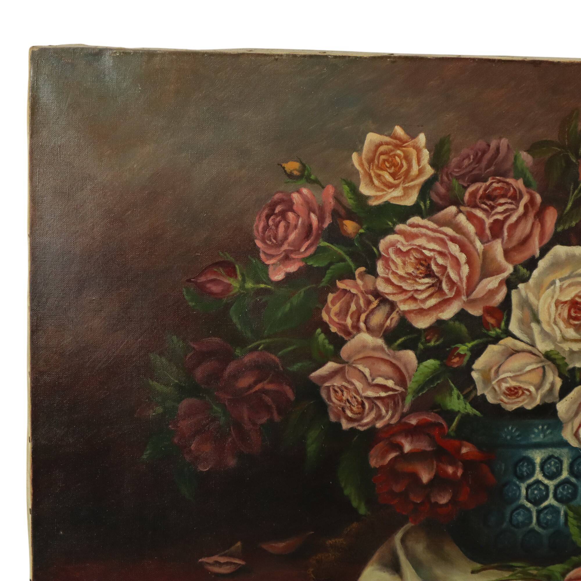Large Floral Still Life Painting Roses Bouquet Signed R. Blanlin
