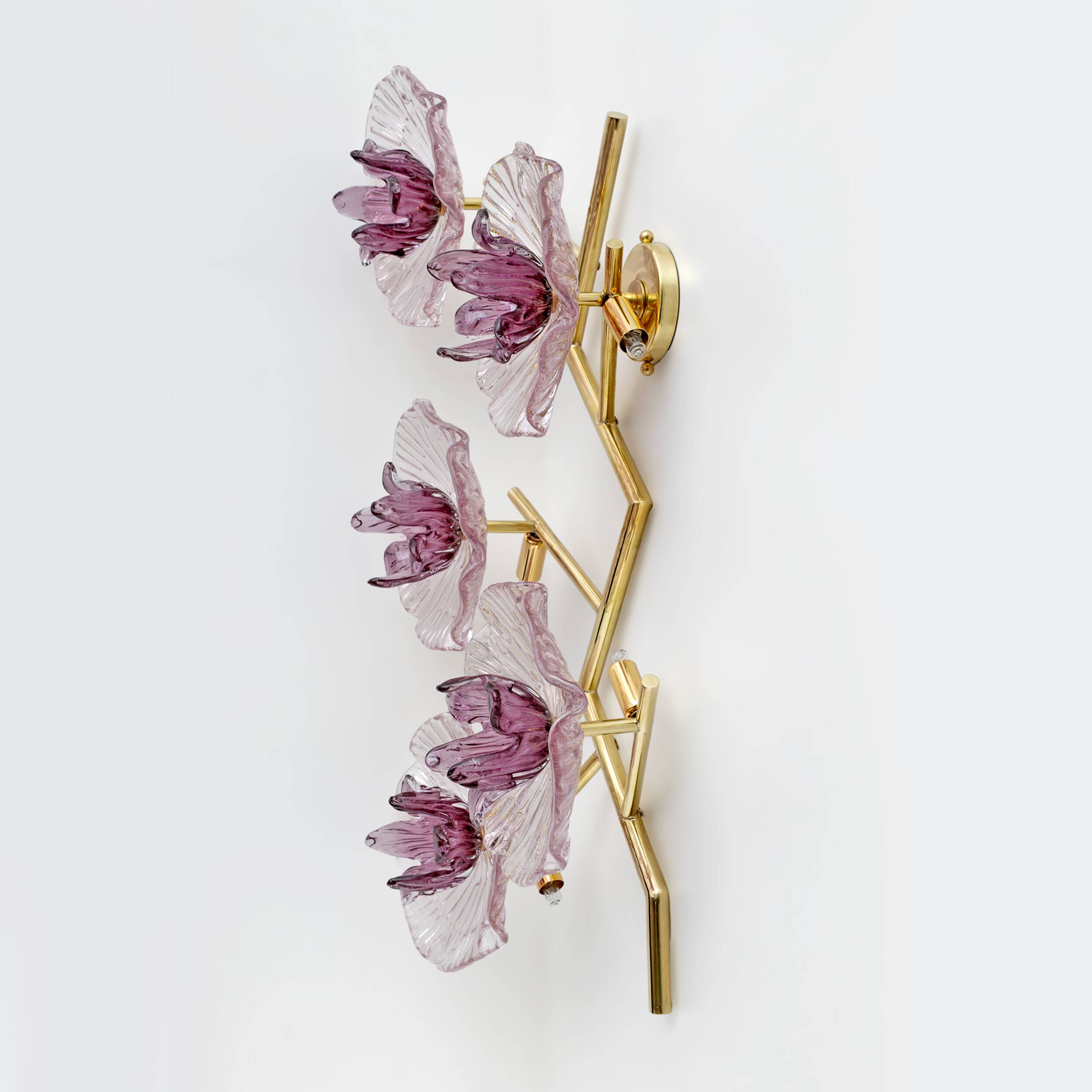 Pair of Modern Italian Murano Glass and Brass Flowers Wall Lamps