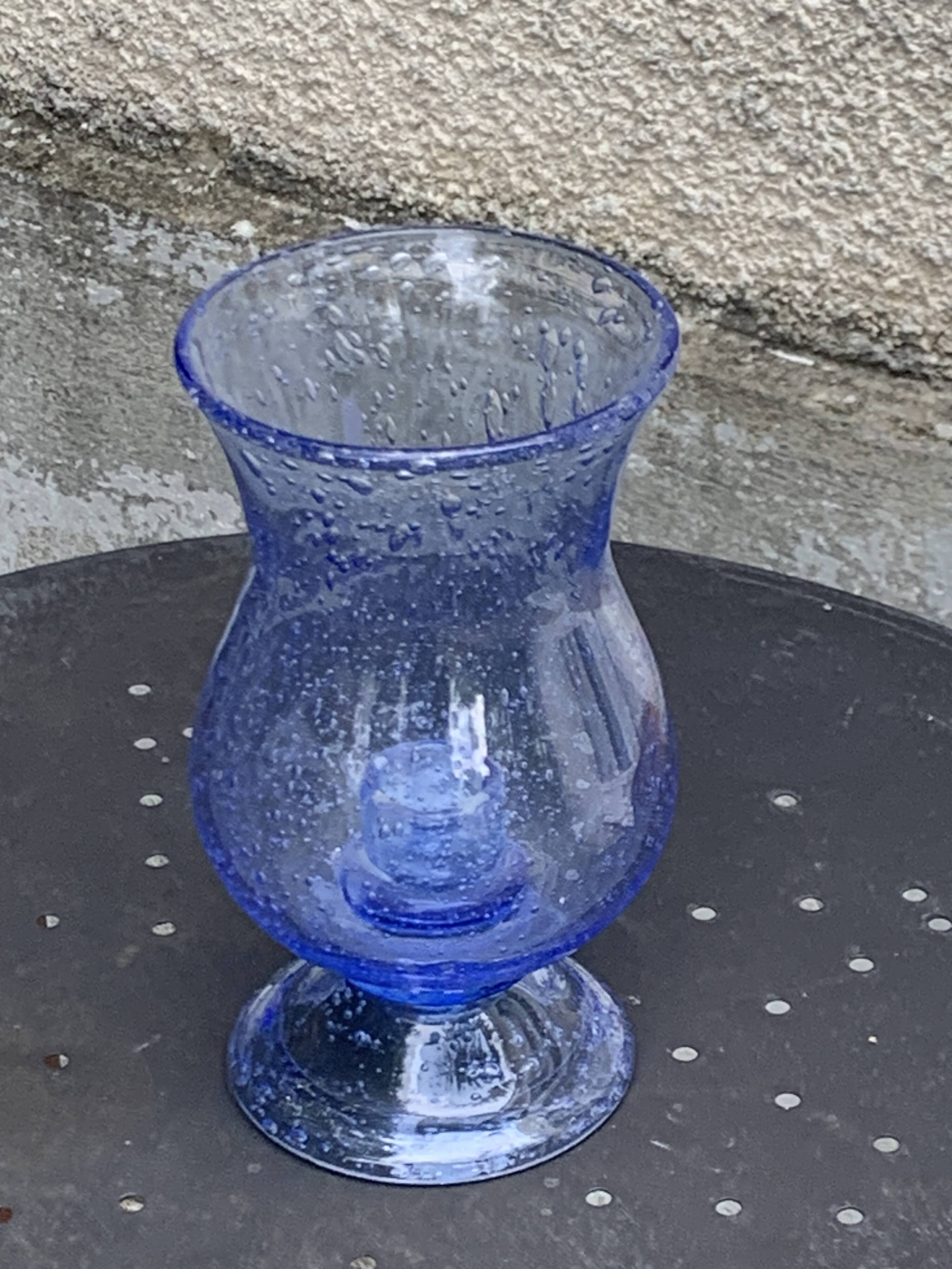 Tealight holder, lavender blue blown glass candle holder from biot glassworks,