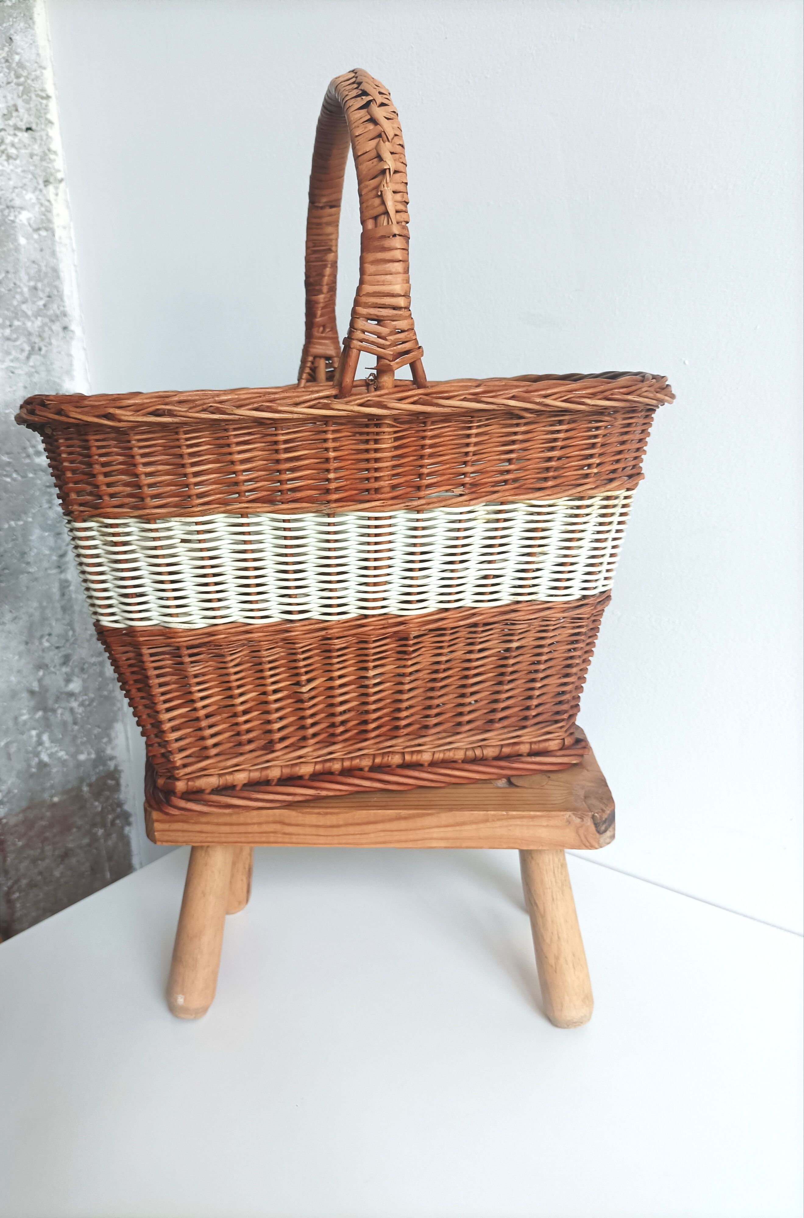 Wicker basket & woven scoubidou threads