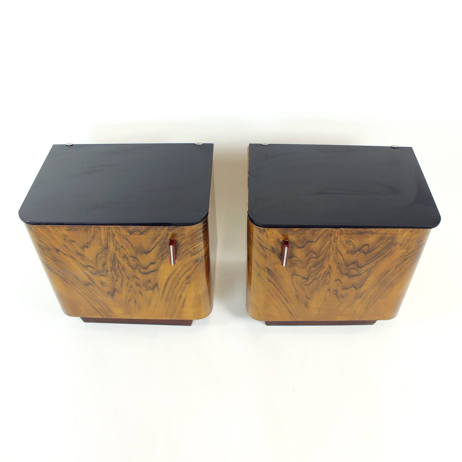 Pair Of Art Deco Bedside Tables With Faux Wood Graining & Glass, Czechoslov
