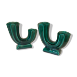 Pair of Art Deco Double Candlesticks in Emerald Green Ceramic - 1950s Vallauris Style