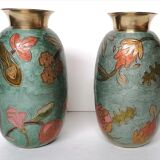 Pair of enamelled brass vases