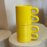 Mug cup ceramic handle graphic wave design colorful lemon yellow