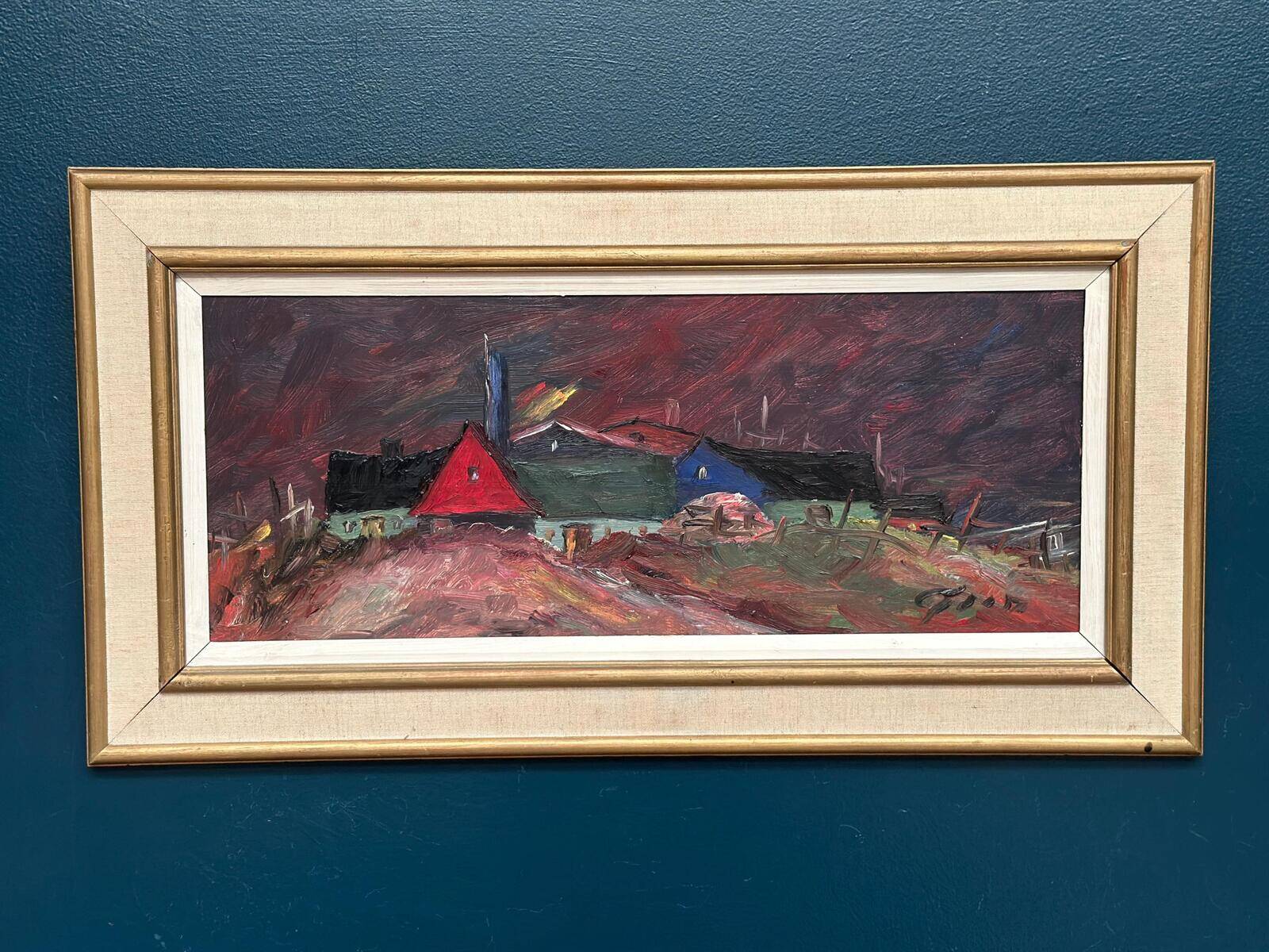 Original Swedish Oil on Panel – “Huts” – Vintage & Framed – 77 × 41 cm