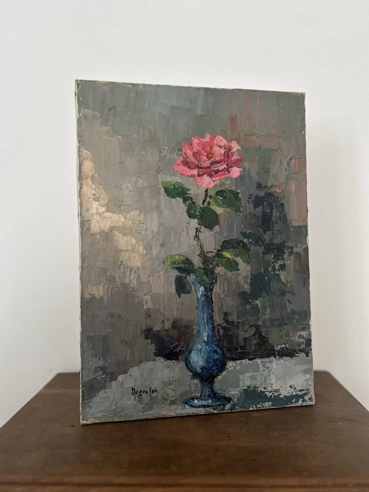 Antique oil painting on canvas, "The Rose in a Blue Vase," mid-20th century, signed