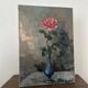 Antique oil painting on canvas, "The Rose in a Blue Vase," mid-20th century, signed