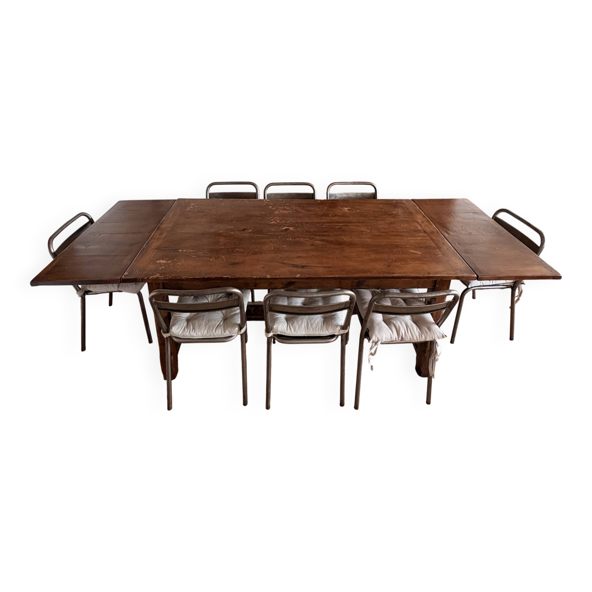 Solid cherry farmhouse table + 8 metal chairs - 2 extensions