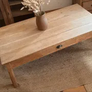 Large antique farmhouse coffee table in raw solid oak with 1 drawer.