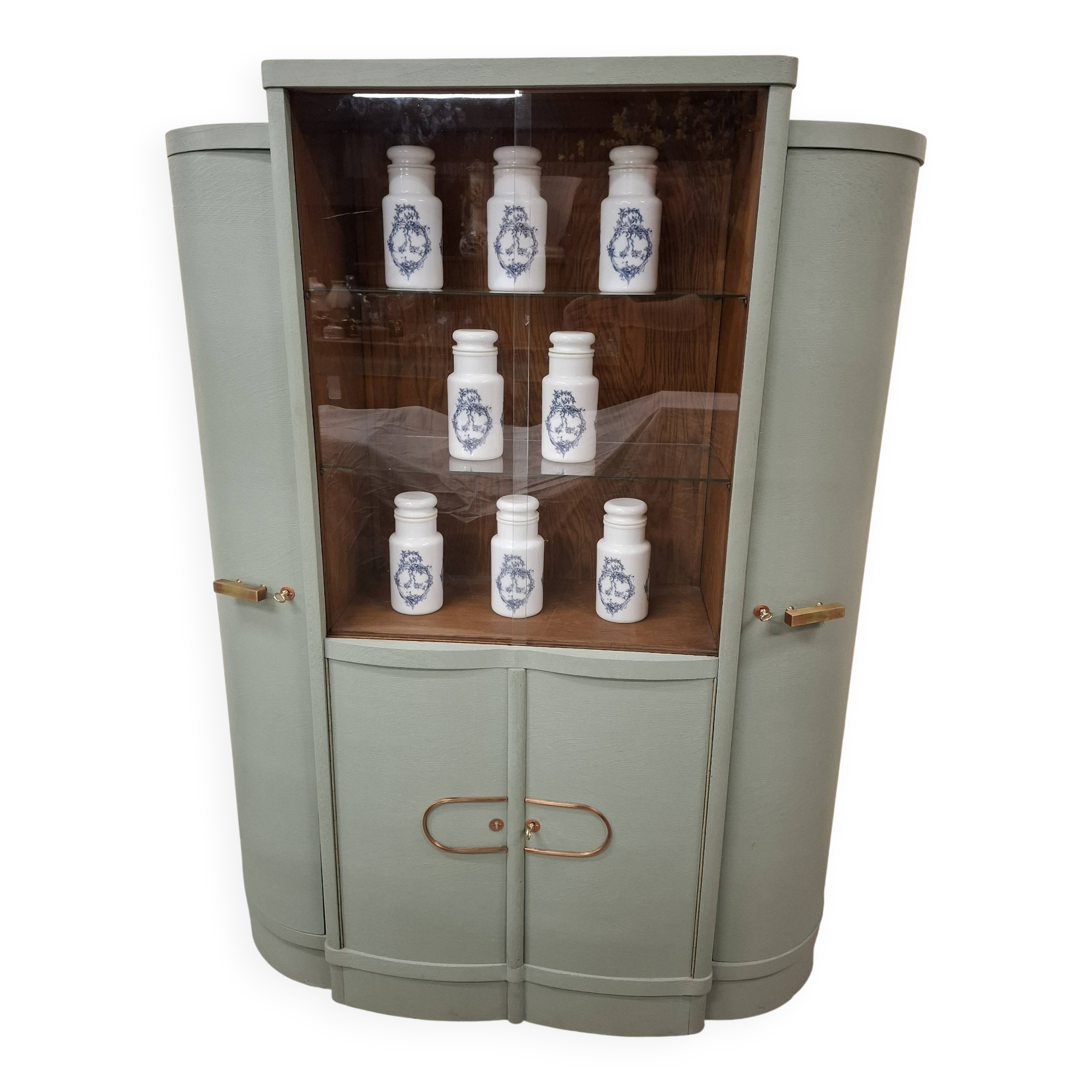 Vintage glass-fronted cabinet, bookshelf.