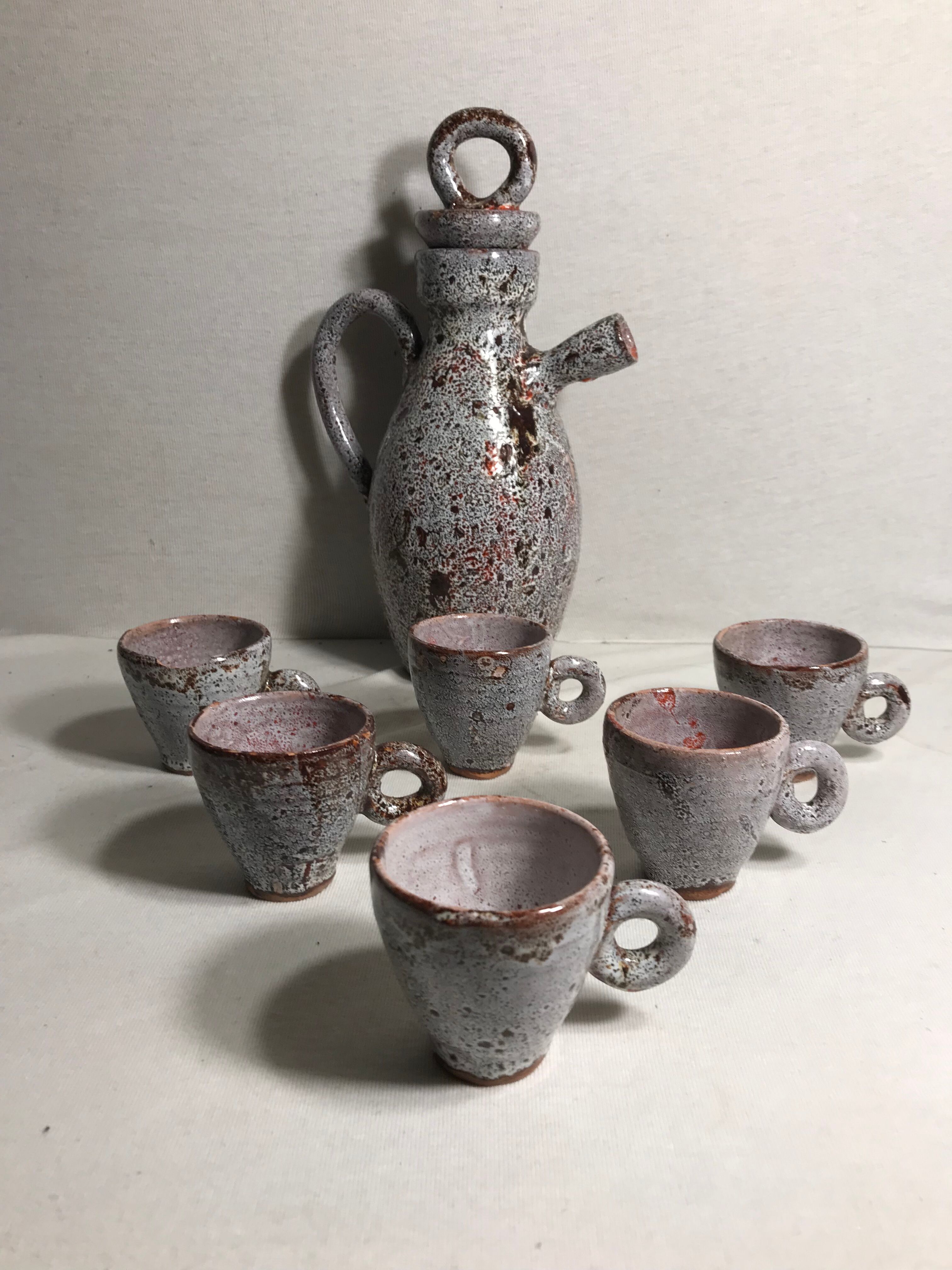 Coffee set decanter and 6 cups enamelled terracotta