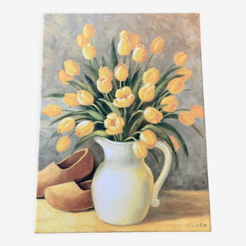 Bouquet of flowers including tulip and yellow pitcher
