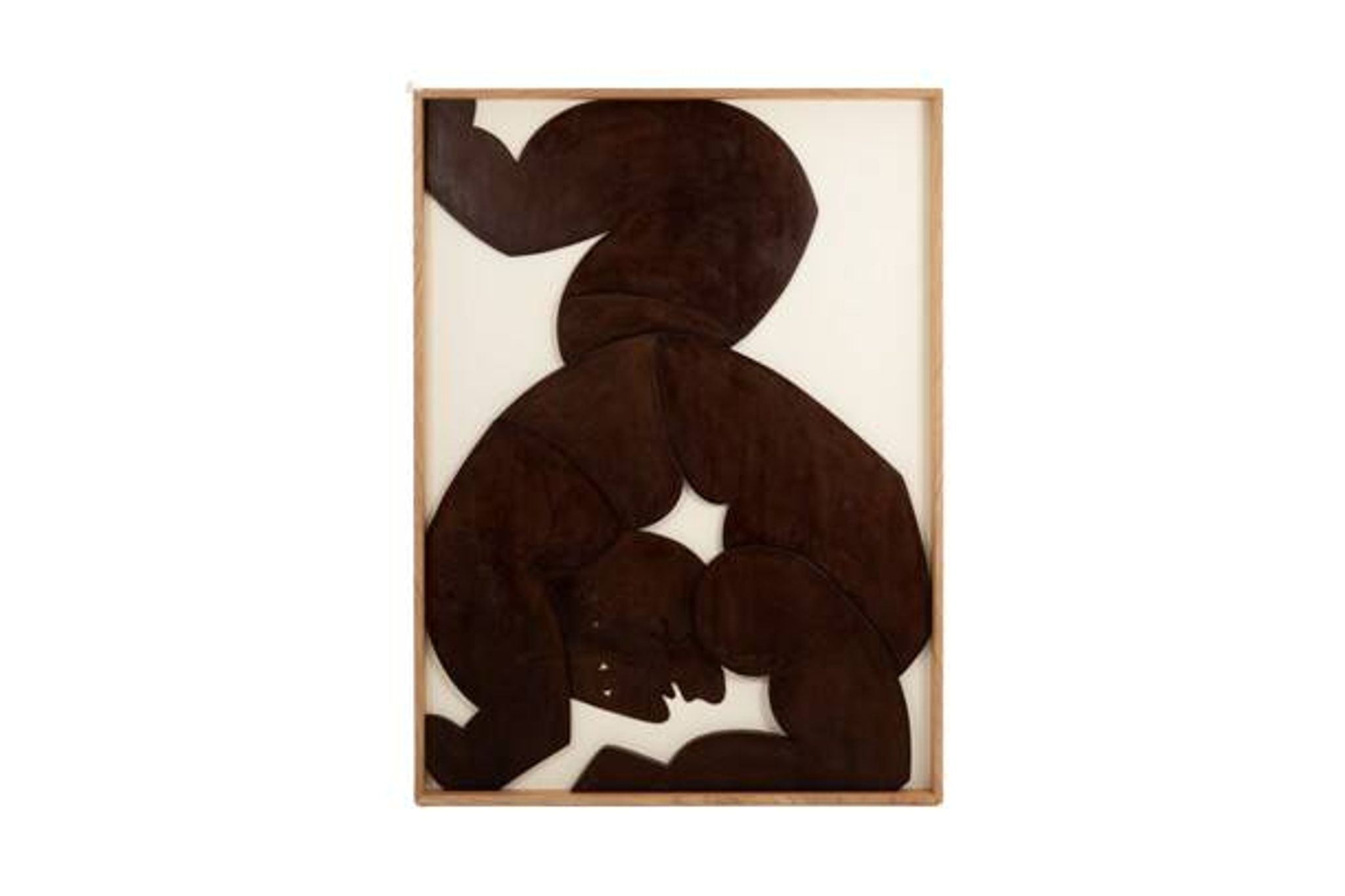 Relief panel "The Twins" in patinated wood. Contemporary.