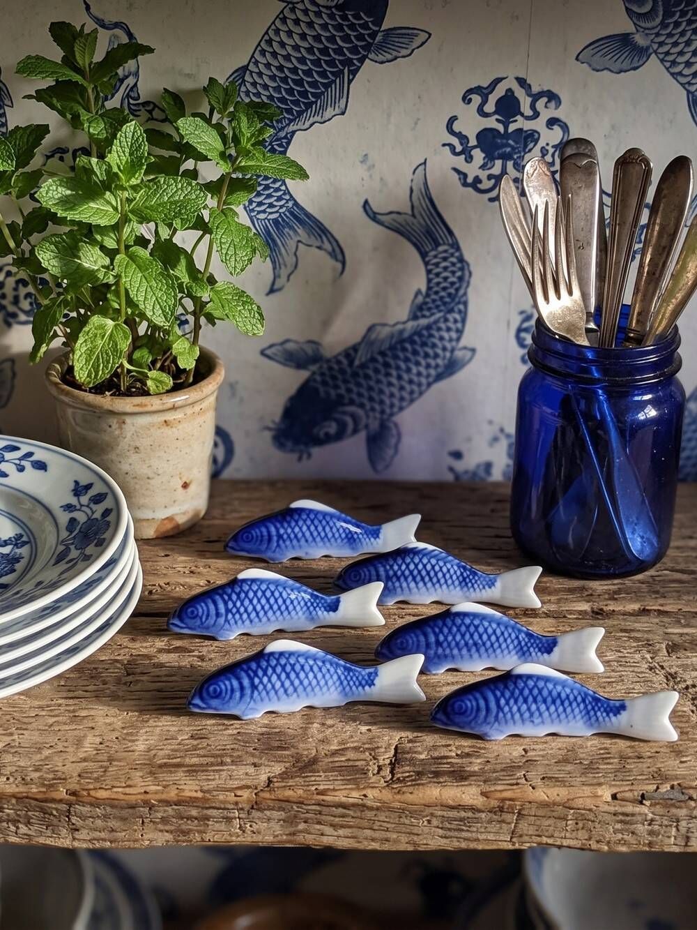6 porcelain koi carp chopstick/knife rests, China, 1960s-1980s