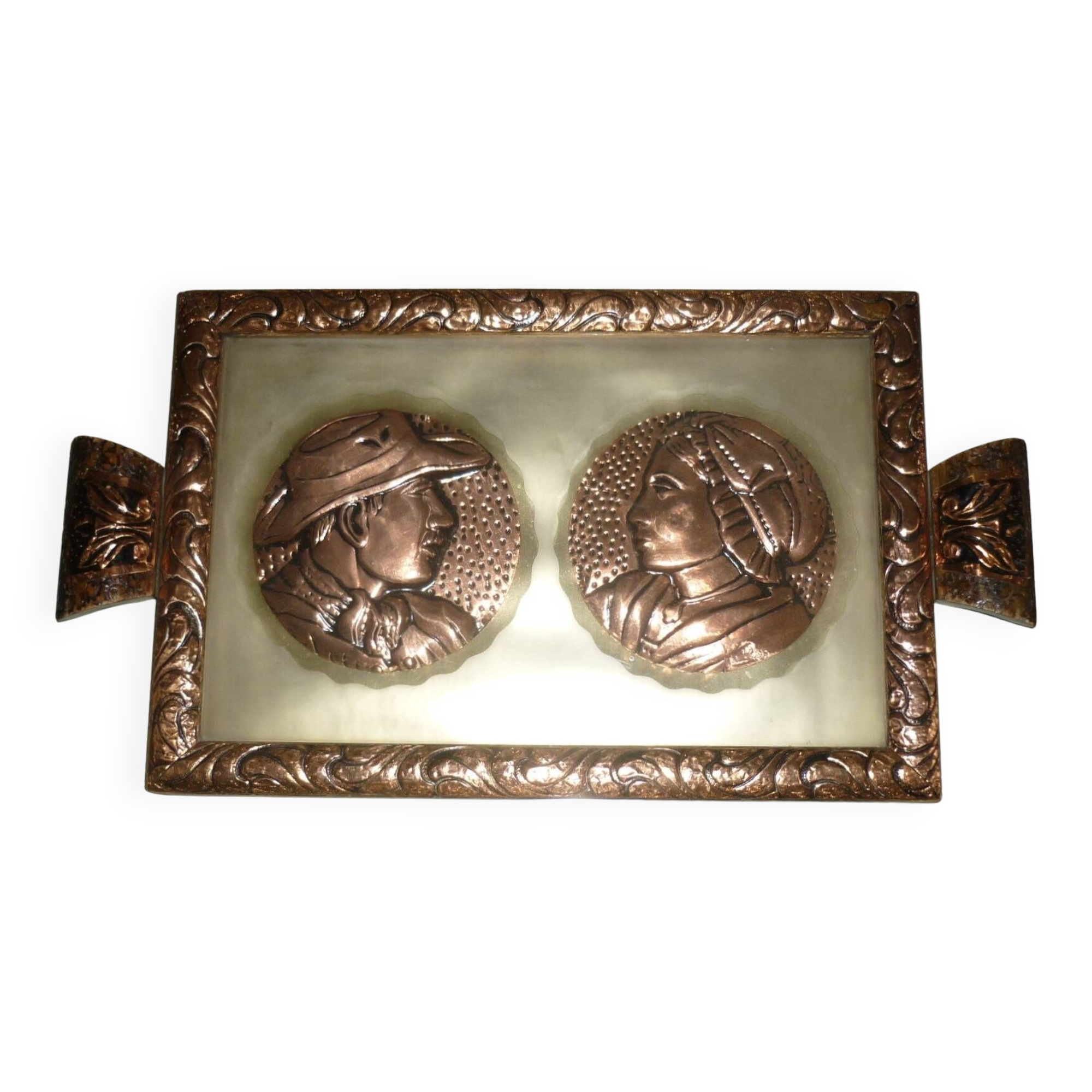 Serving tray in wood, copper and glazed 1950