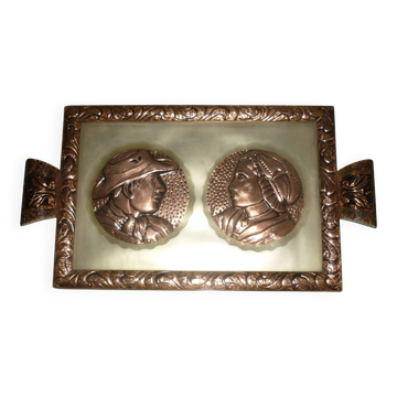 Serving tray in wood, copper and glazed 1950