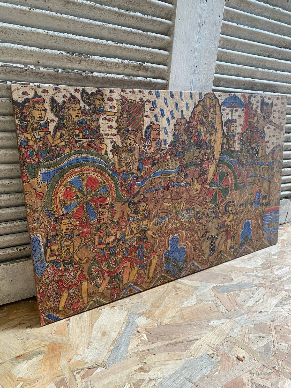 Ancien kamasan textile peint main bali mythologie guerre vintage