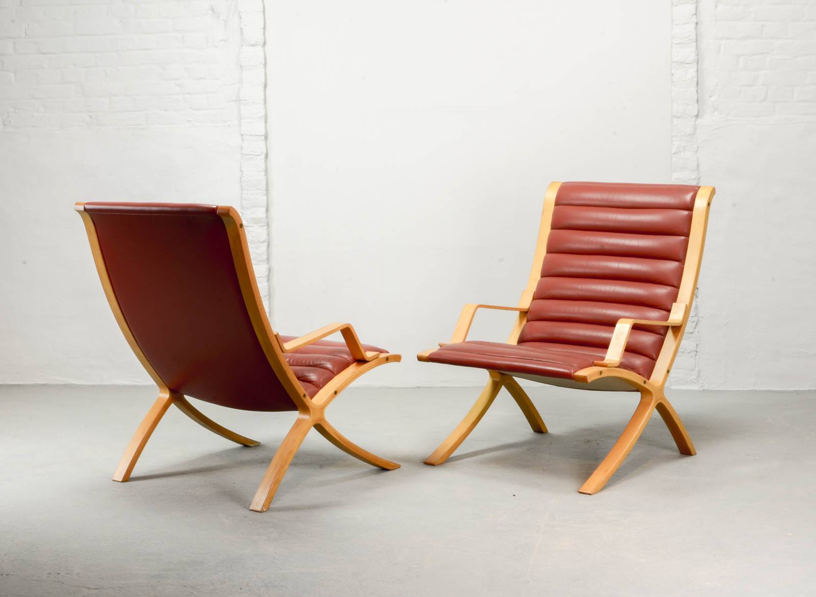 Padded Red Leather High Back AX Lounge Chairs by Hvidt and Molgaard Nielsen