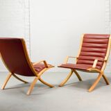 Padded Red Leather High Back AX Lounge Chairs by Hvidt and Molgaard Nielsen