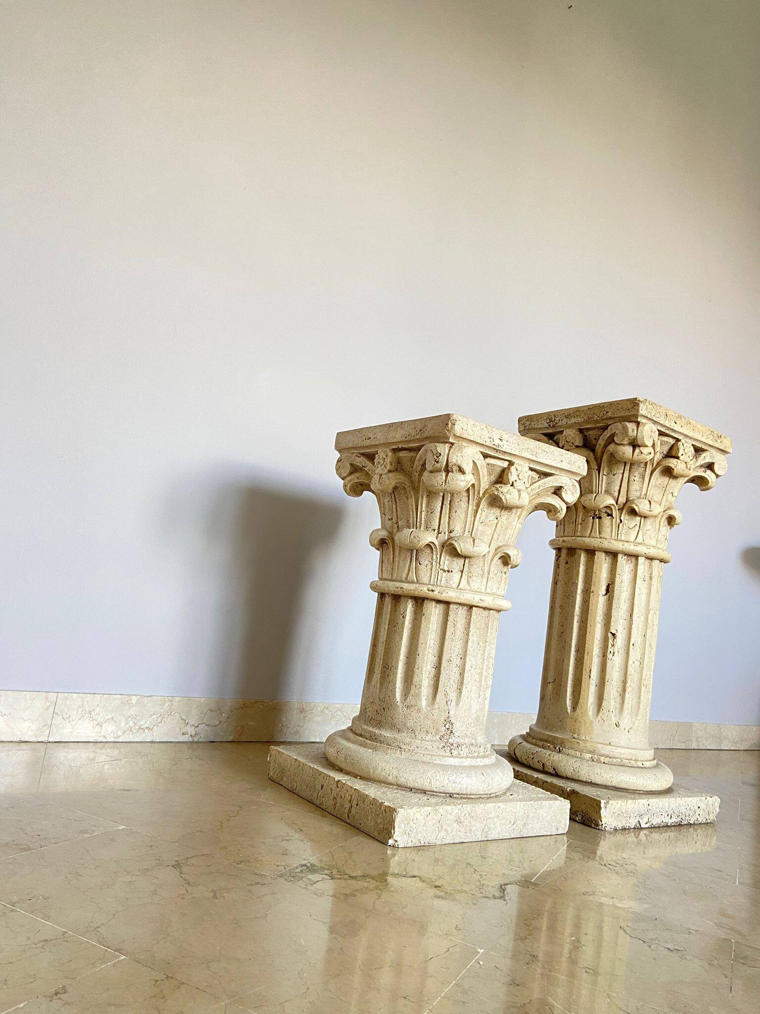 Pair of columns, corinthian style capitals in travertine, italy 1940s