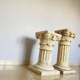 Pair of columns, corinthian style capitals in travertine, italy 1940s