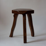 Brutalist tripod stool in solid elm mid-20th century