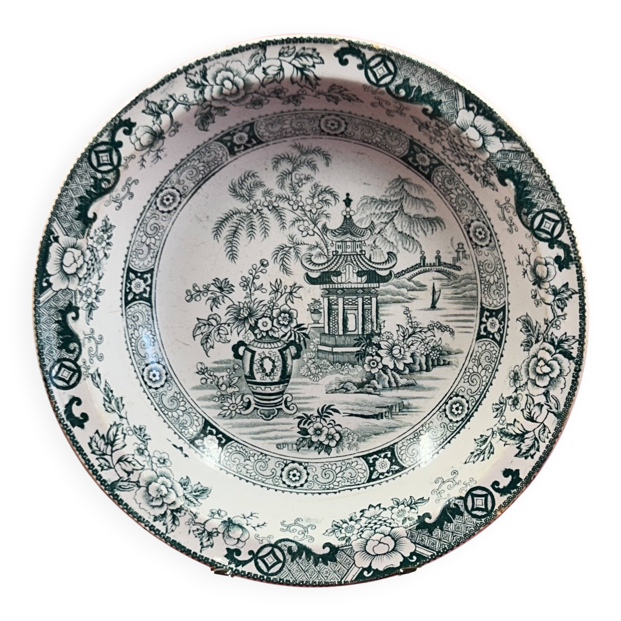 Ancient large earthenware platter creil and montereau, japonese decoration. 27 x 6