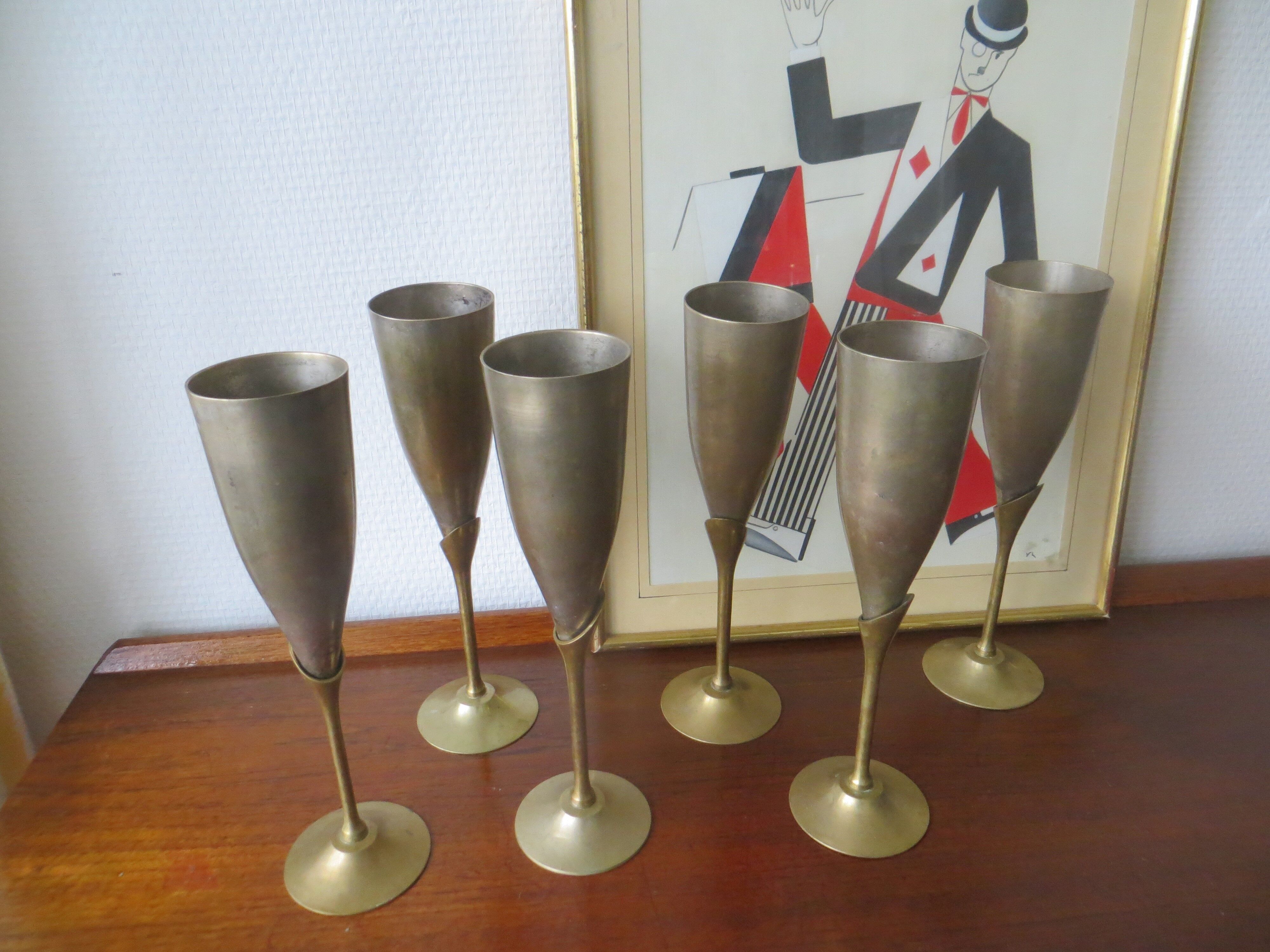 6 vintage metal Champagne flutes