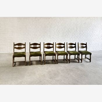 6 chaises de salle à manger en bois et tissu attr. à Guillerme et Chambron, 1950s