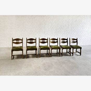 Dining Chairs in Wood and Fabric attributed to Guillerme Et Chambron, 1950s, Set of 6