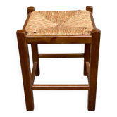 Square stool in solid wood with straw