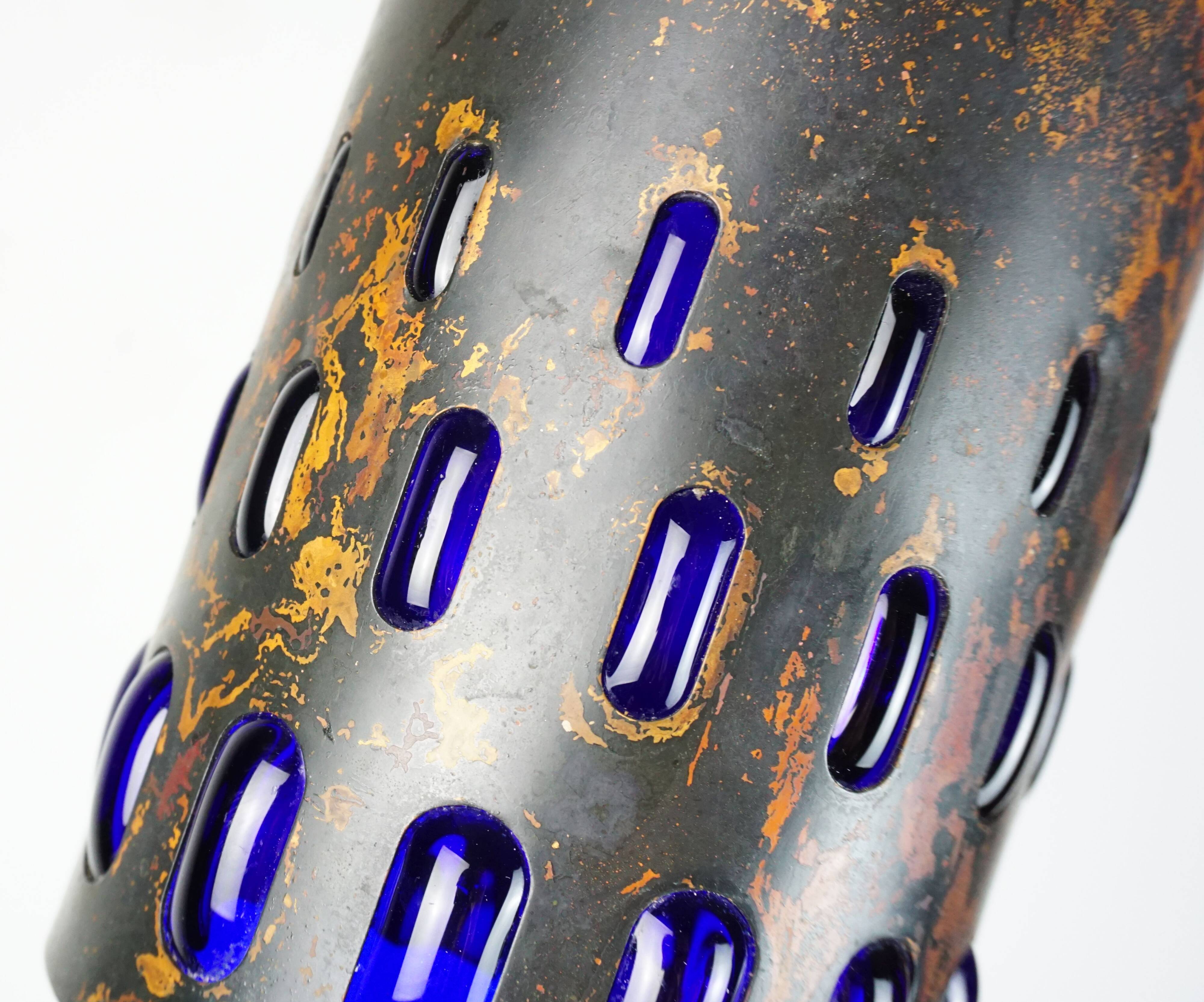 mid century modern PENDANT LAMP flamed copper and blue glass 1960s