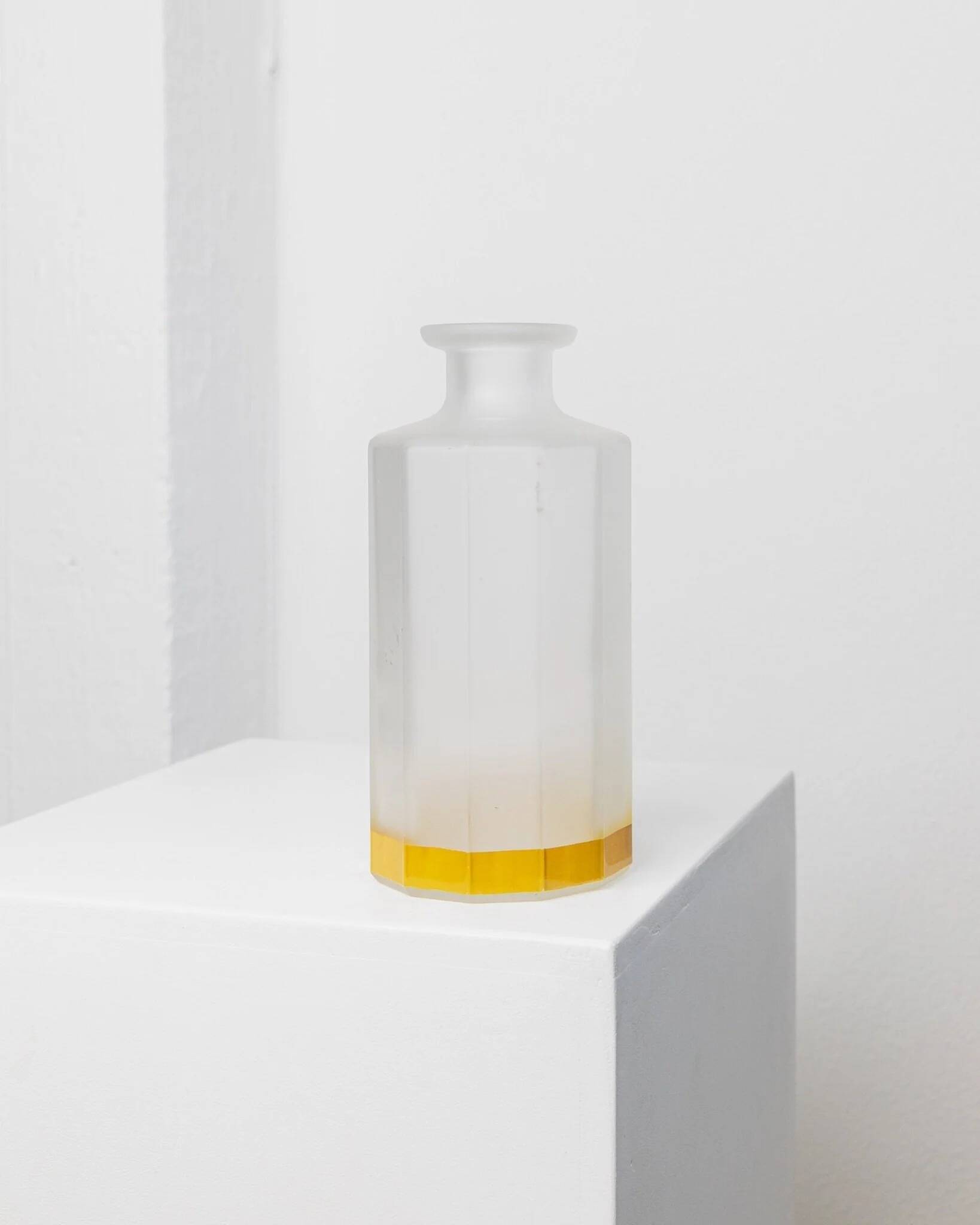 Vintage milky glass vase with yellow base, twelve-faced silhouette, Italian Bormioli, 1980s