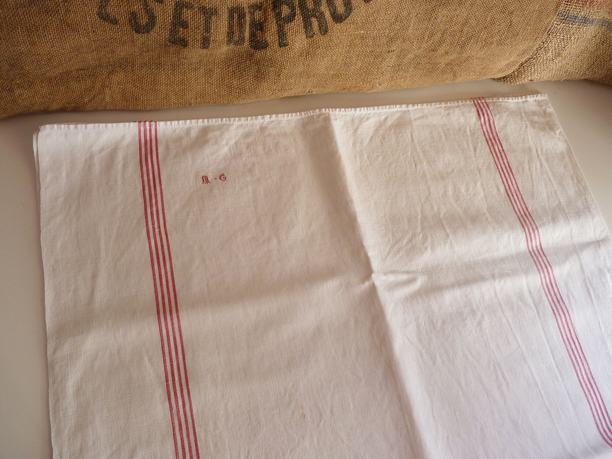 Old Lin towel, 4 red stripes, MG monogram, handmade
