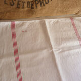 Old Lin towel, 4 red stripes, MG monogram, handmade