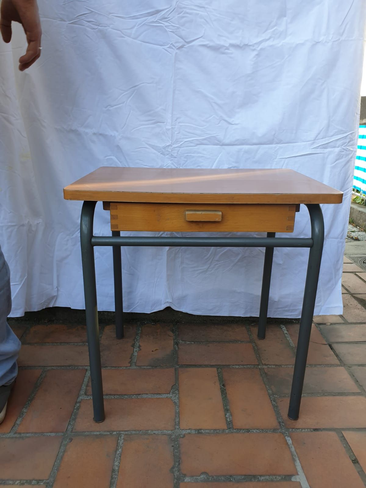 Formica tray desk set with drawer and vintage school chair for children
