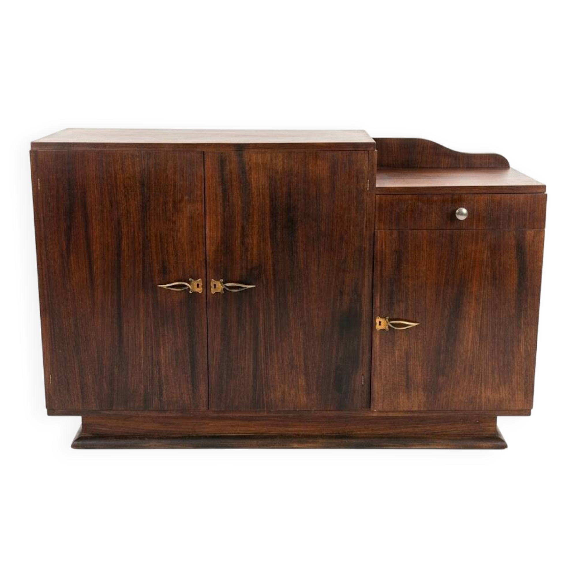 Asymmetrical antique Art Deco sideboard in rosewood veneer.