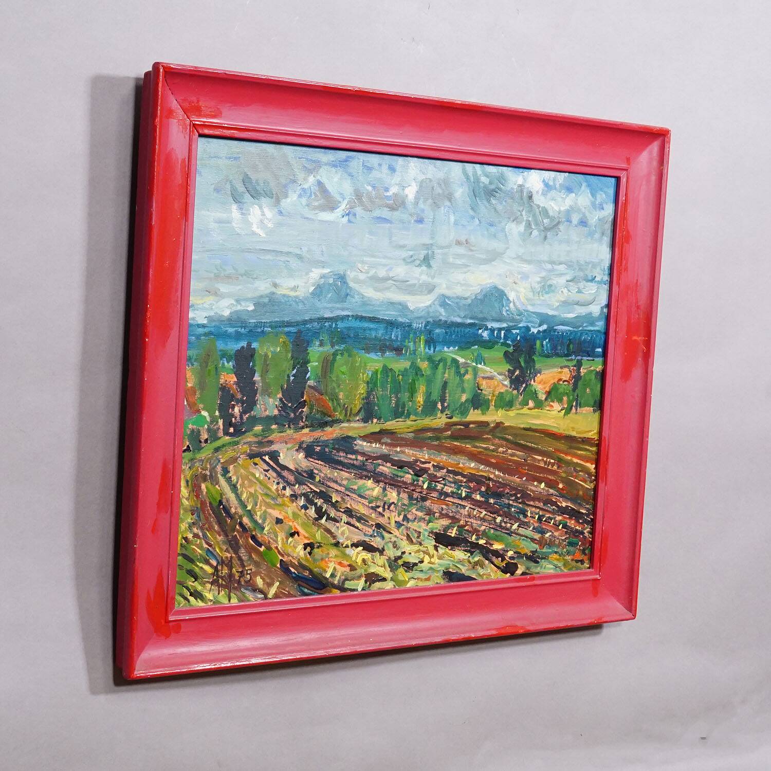 Oil painting by Alexander Michael depicting a landscape with a field, 1975.