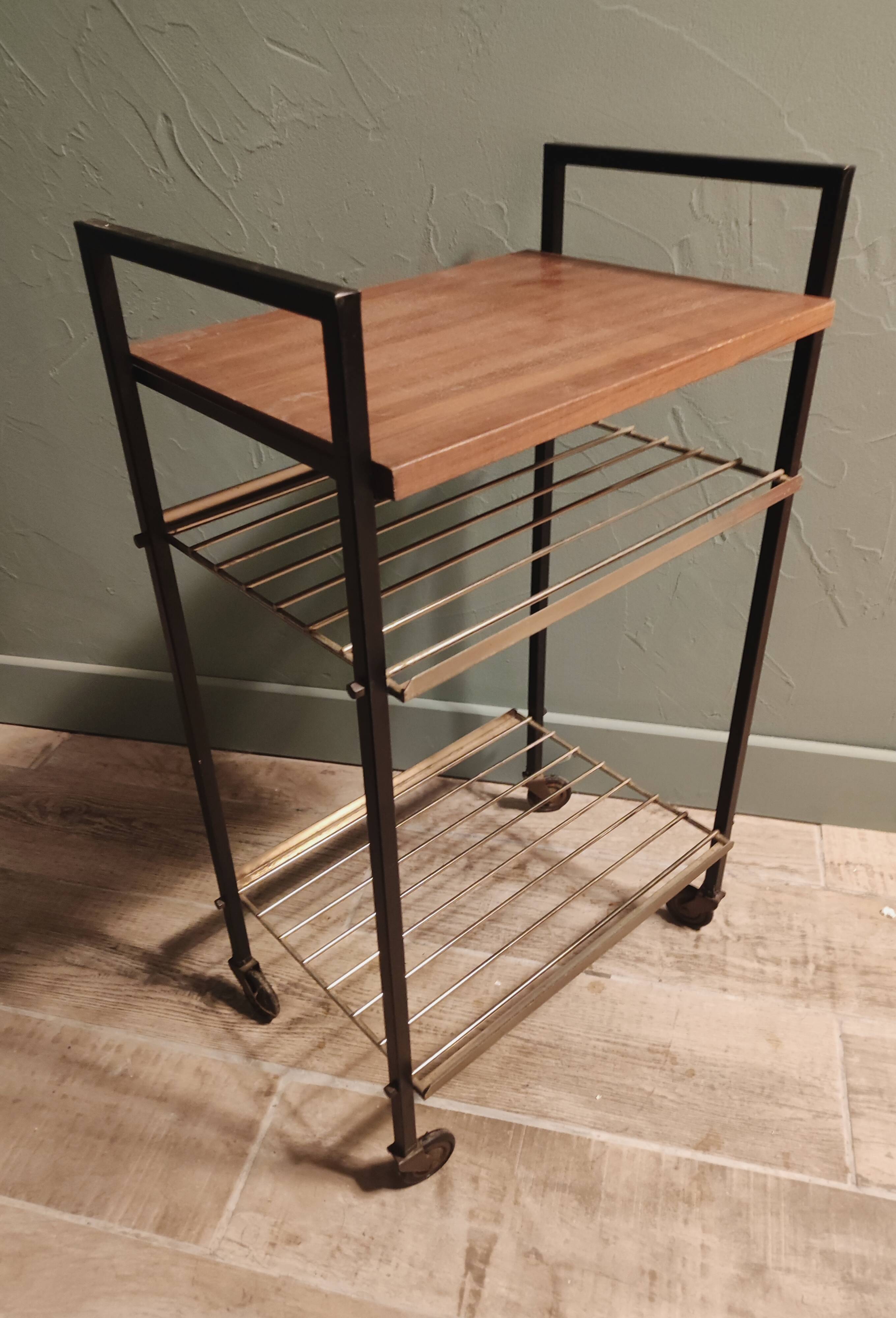 Serving table with metal wood wheels