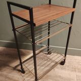 Serving table with metal wood wheels