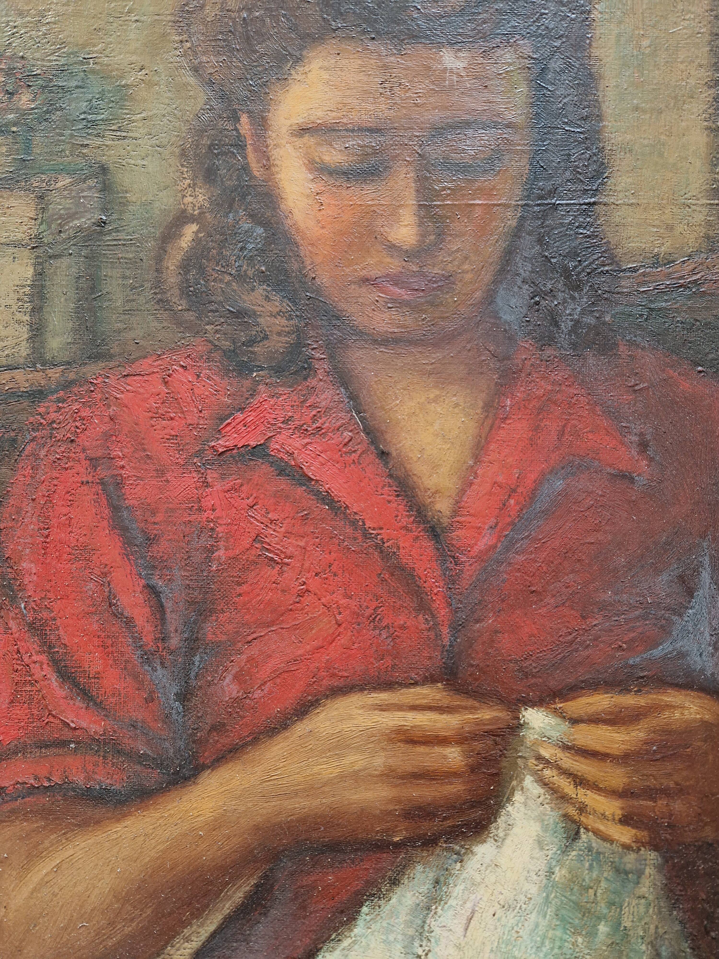 Oil painting, Woman who does sewing