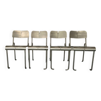 Modernist Architectural Stainless Steel French Dining Chairs, 1980s, Set of 4
