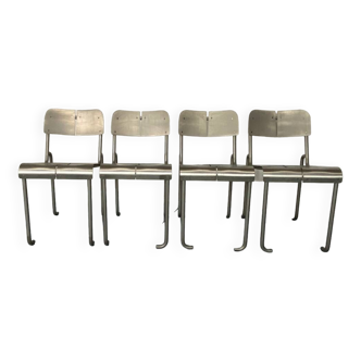 Chaises de Salle à Manger Architecturales Modernistes en Acier Inoxydable, France, 1980s, Set de 4